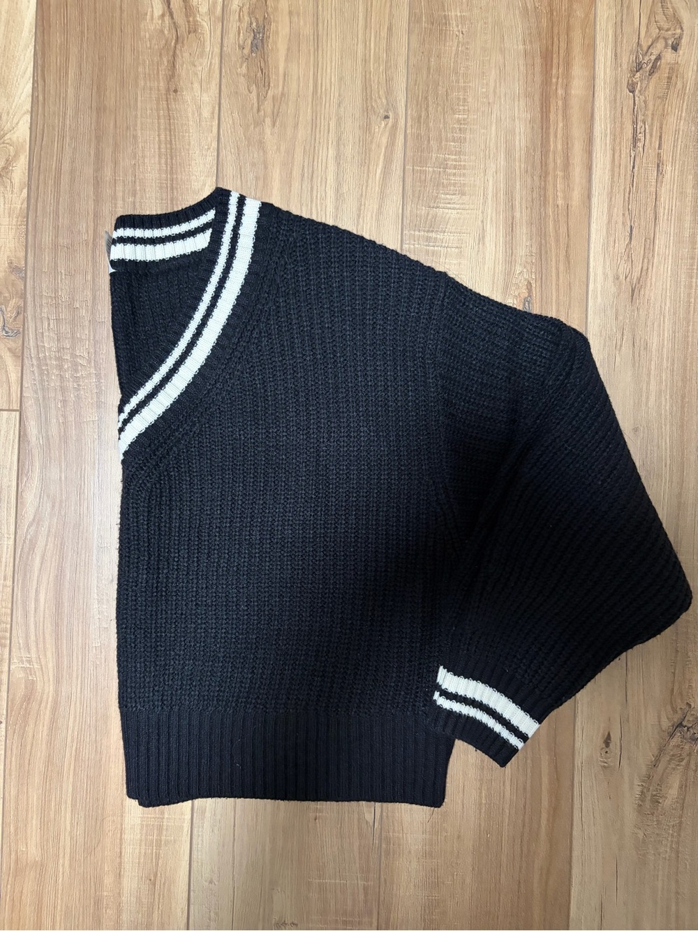 H&M Black V-Neck Sweater with White Stripe Trim